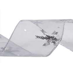 Panglica organza de craciun fulgi de nea latime 60 mm - Gri neutral (1 Metru)