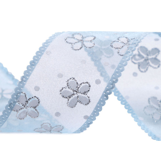 Panglica din organza cu flori si sclipici, latime 40 mm - Verde deschis (1 Metru) Panglica din organza cu flori si sclipici, latime 40 mm - Verde deschis (1 Metru)