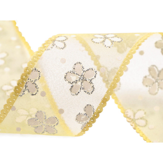 Panglica din organza cu flori si sclipici, latime 40 mm - Verde deschis (1 Metru) Panglica din organza cu flori si sclipici, latime 40 mm - Verde deschis (1 Metru)