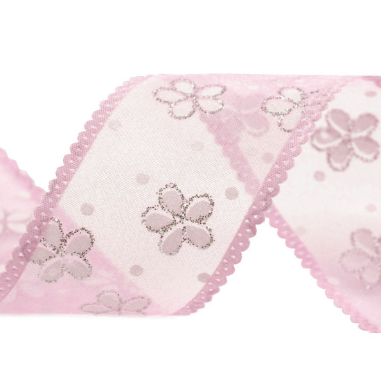 Panglica din organza cu flori si sclipici, latime 40 mm - Verde deschis (1 Metru) Panglica din organza cu flori si sclipici, latime 40 mm - Verde deschis (1 Metru)