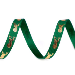 Panglică ripsată de crăciun cu reni lățime 10 mm - Verde (5 Metri)
