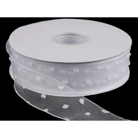 Panglica din organza cu buline tesute, latime 40 mm - Alb (90 Metri) Panglica din organza cu buline tesute, latime 40 mm - Alb (90 Metri)