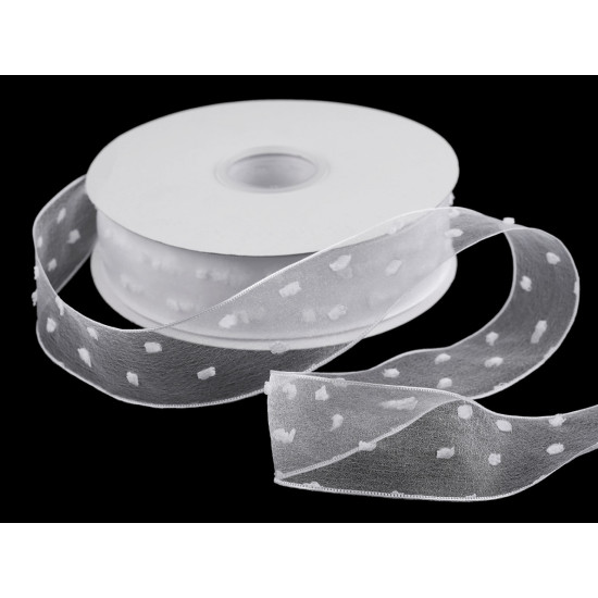 Panglica din organza cu buline tesute, latime 40 mm - Alb (90 Metri) Panglica din organza cu buline tesute, latime 40 mm - Alb (90 Metri)