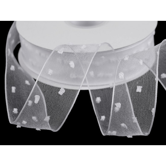 Panglica din organza cu buline tesute, latime 40 mm - Alb (90 Metri) Panglica din organza cu buline tesute, latime 40 mm - Alb (90 Metri)