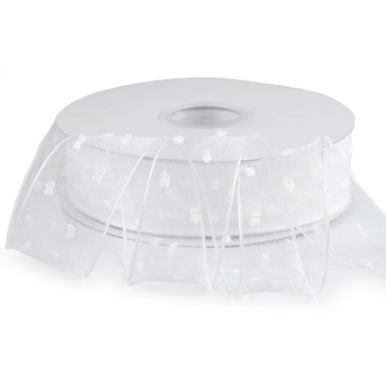 Panglica din organza cu buline tesute, latime 40 mm - Alb (90 Metri) Panglica din organza cu buline tesute, latime 40 mm - Alb (90 Metri)