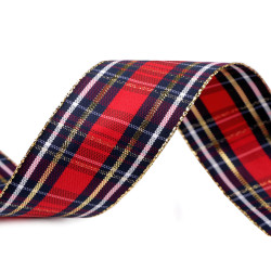 Panglică în carouri cu lurex și sârmă 40 mm - Roșu (1 Metru)