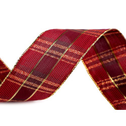 Panglică în carouri cu lurex și sârmă 40 mm - Roșu închis (1 Metru)