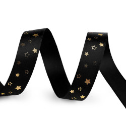Panglică din satin de crăciun stele lățime 15 mm - Negru (5 Metri)