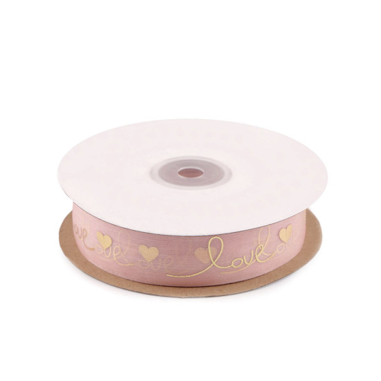 Panglica organza cu imprimeu metalic love, latime 25 mm - Alb (45 Metri) Panglica organza cu imprimeu metalic love, latime 25 mm - Alb (45 Metri)