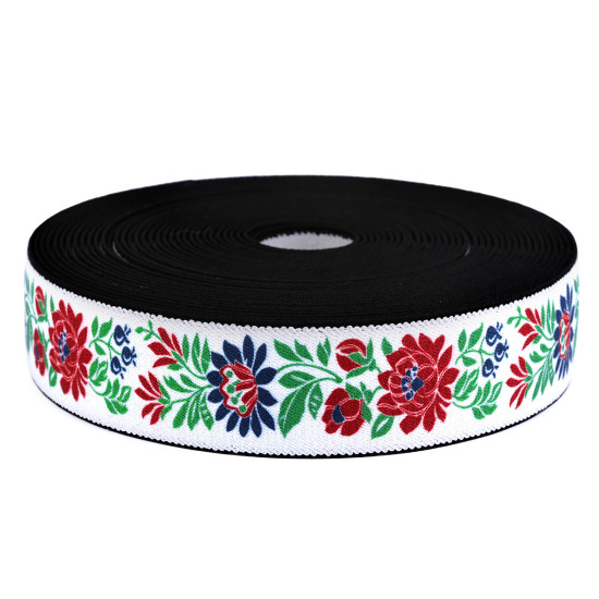 Elastic lat cu motiv floral, lățime 40 mm - Negru (10 Metri) Elastic lat cu motiv floral, lățime 40 mm - Negru (10 Metri)