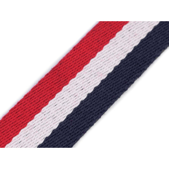 Gurtband beidseitig breite 38 mm - Blau-weiß-rot (25 Meter) Gurtband beidseitig breite 38 mm - Blau-weiß-rot (25 Meter)