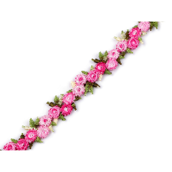 Bandă decorativă cu flori brodate în relief, lățime 15 mm - Mov deschis (27 Metri) Bandă decorativă cu flori brodate în relief, lățime 15 mm - Mov deschis (27 Metri)