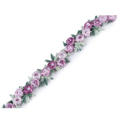 Bandă decorativă cu flori brodate în relief, lățime 15 mm - Mov deschis (27 Metri)