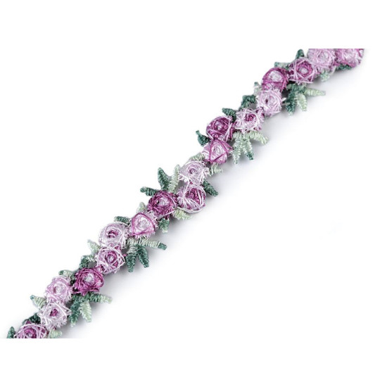 Bandă decorativă cu flori brodate în relief, lățime 15 mm - Mov deschis (27 Metri) Bandă decorativă cu flori brodate în relief, lățime 15 mm - Mov deschis (27 Metri)