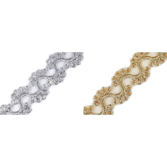 Galon / dantelă brodată pe organza cu fir lame, lățime 45 mm - Auriu (36 Metri) Galon / dantelă brodată pe organza cu fir lame, lățime 45 mm - Auriu (36 Metri)