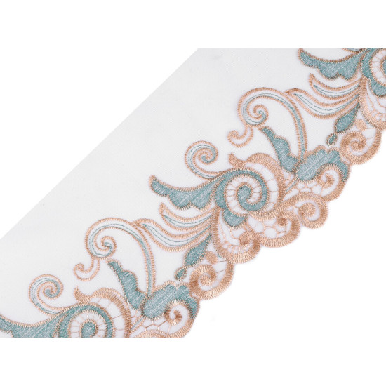 Dantelă brodată pe organza, lățime 18 cm - Bej deschis (1 Metru)