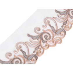 Dantelă brodată pe organza, lățime 18 cm - Bej deschis (1 Metru)