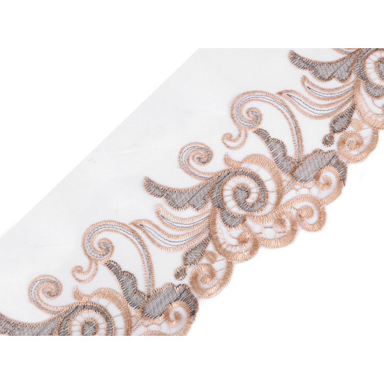 Dantelă brodată pe organza, lățime 18 cm - Bej deschis (1 Metru)
