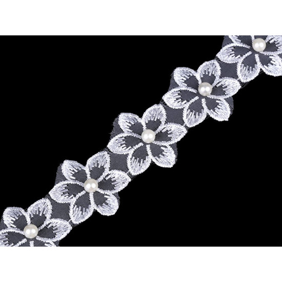 Galon / dantelă brodată pe organza cu flori și perle, 35 mm - Off white (8 Metri)