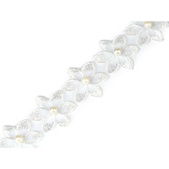 Galon / dantelă brodată pe organza cu flori și perle, 35 mm - Off white (8 Metri)