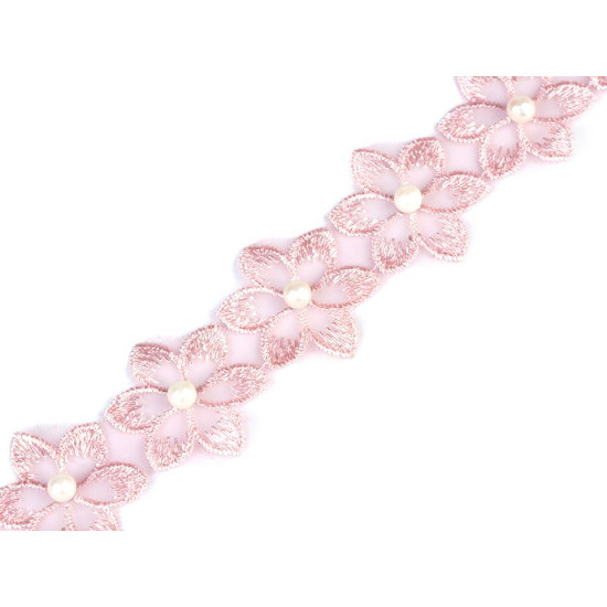 Galon / dantelă brodată pe organza cu flori și perle, 35 mm - Off white (8 Metri)