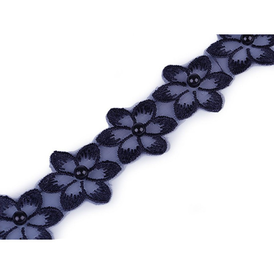 Galon / dantelă brodată pe organza cu flori și perle, 35 mm - Off white (8 Metri)