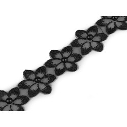 Galon / dantelă brodată pe organza cu flori și perle, 35 mm - Negru (1 Metru)