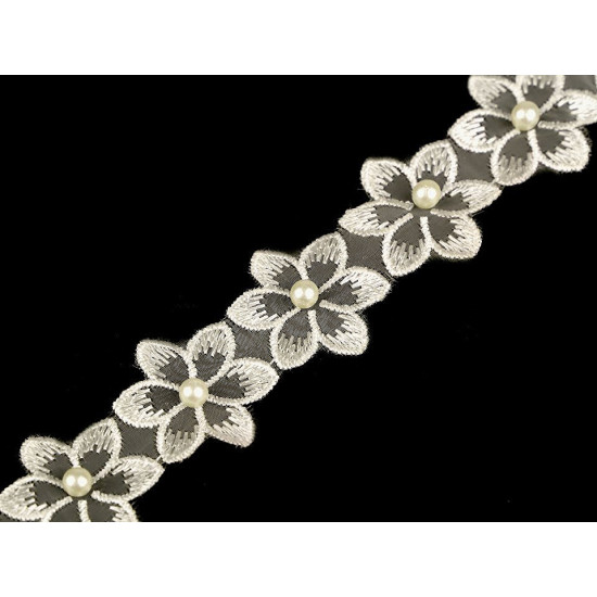 Galon / dantelă brodată pe organza cu flori și perle, 35 mm - Off white (8 Metri)