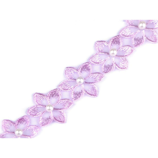 Galon / dantelă brodată pe organza cu flori și perle, 35 mm - Off white (8 Metri)