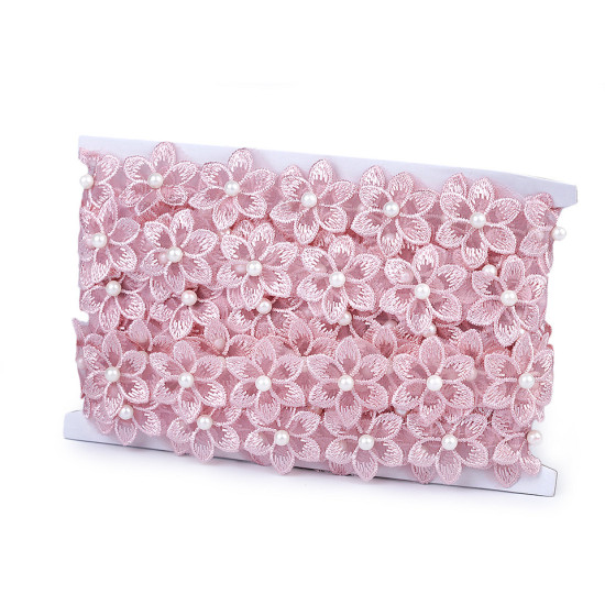 Galon / dantelă brodată pe organza cu flori și perle, 35 mm - Off white (8 Metri)