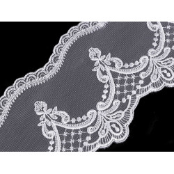 Dantelă brodată pe organza, lățime 12,5 cm - Alb (1 Metru)