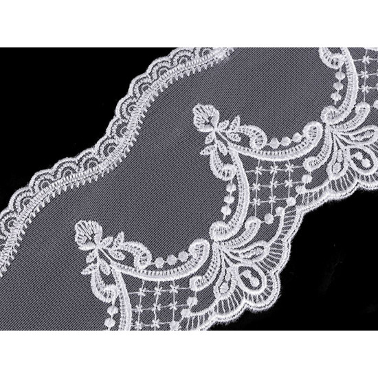Dantelă brodată pe organza, lățime 12,5 cm - Alb (1 Metru) Dantelă brodată pe organza, lățime 12,5 cm - Alb (1 Metru)