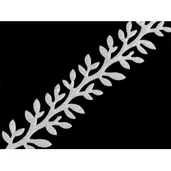 Bandă decorativă cu frunze din satin, lățime 24 mm - Argintiu (1 Metru)
