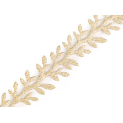 Bandă decorativă cu frunze din satin, lățime 24 mm - Auriu deschis (1 Metru)