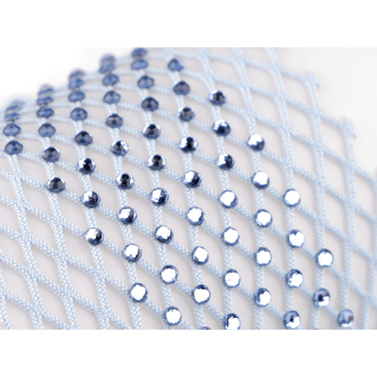 Țesătură / plasă elastică cu strasuri, lățime 75 mm - Albastru deschis (1 Metru) Țesătură / plasă elastică cu strasuri, lățime 75 mm - Albastru deschis (1 Metru)