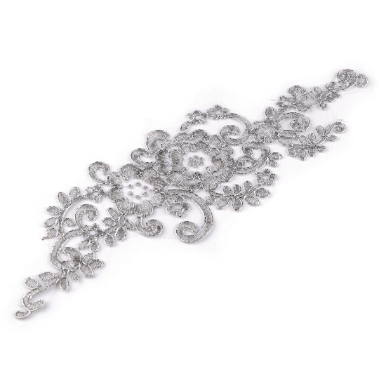 Aplicație brodată cu fir lame și perle, 9x29 cm - Argintiu (2 Bucăți) Aplicație brodată cu fir lame și perle, 9x29 cm - Argintiu (2 Bucăți)
