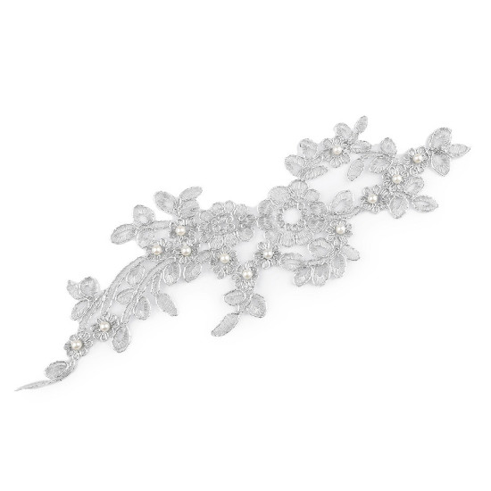Aplicație brodată cu fir lame și perle, 9x29 cm - Argintiu (2 Bucăți) Aplicație brodată cu fir lame și perle, 9x29 cm - Argintiu (2 Bucăți)