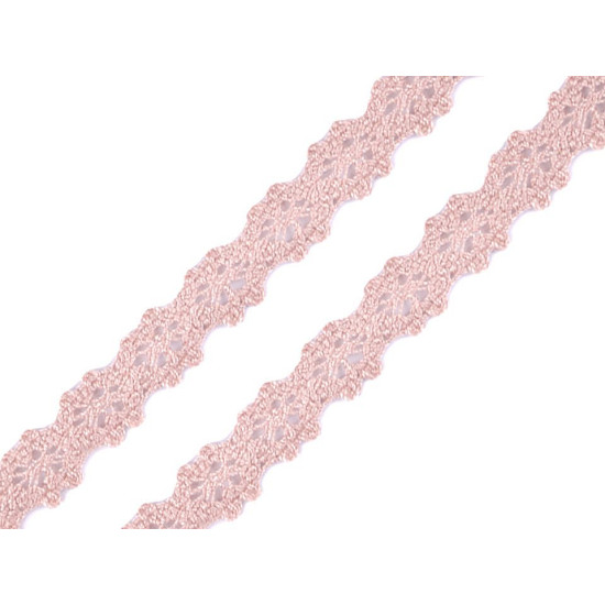 Dantelă bumbac croşetată, lățime 12 mm - Roz pudrat (1 Metru) Dantelă bumbac croşetată, lățime 12 mm - Roz pudrat (1 Metru)