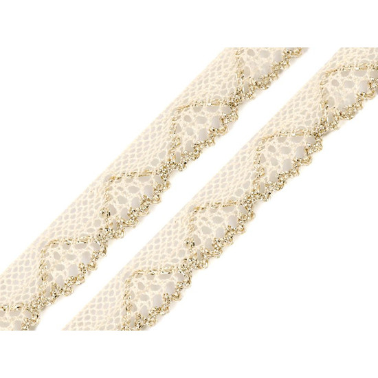 Dantelă bumbac croşetată cu lurex, lățime 14 mm - Ecru deschis (1 Metru) Dantelă bumbac croşetată cu lurex, lățime 14 mm - Ecru deschis (1 Metru)