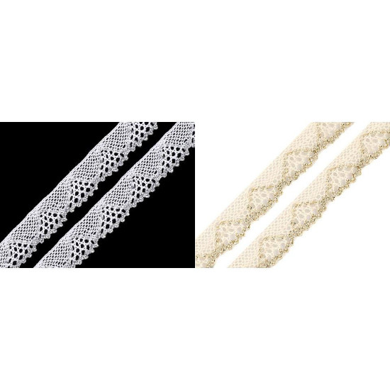 Dantelă bumbac croşetată cu lurex, lățime 14 mm - Ecru deschis (1 Metru) Dantelă bumbac croşetată cu lurex, lățime 14 mm - Ecru deschis (1 Metru)