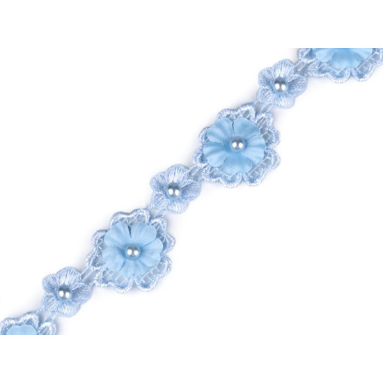 Dantelă guipure flori 3d cu perlă, lățime 30 mm - Bleu nu-mă-uita (1 Metru) Dantelă guipure flori 3d cu perlă, lățime 30 mm - Bleu nu-mă-uita (1 Metru)