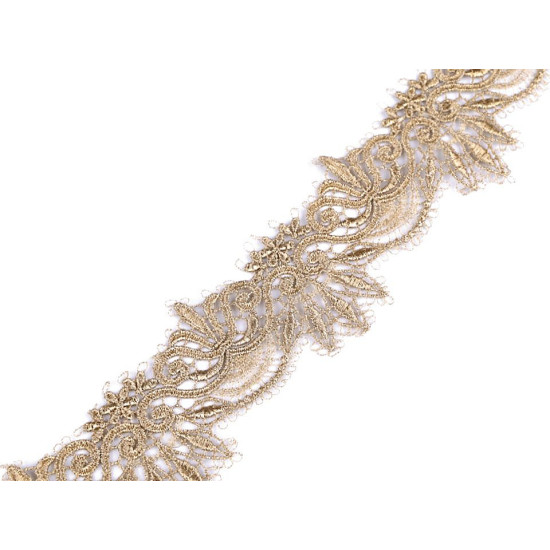 Dantelă brodată cu lurex, lățime 64 mm - Auriu deschis (9 Metri)