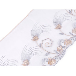 Dantela brodata pe organza latime 20 cm - Roz somon deschis (1 Metru)
