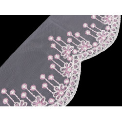 Dantela brodata pe organza latime 18 cm - Roz deschis (1 Metru)