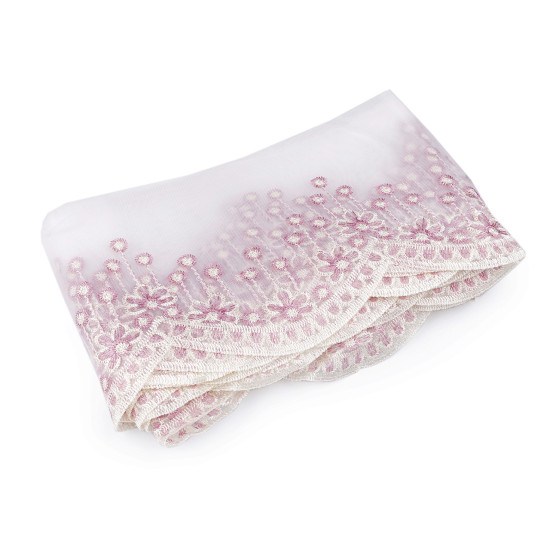 Dantela brodata pe organza latime 18 cm - Roz deschis (1 Metru) Dantela brodata pe organza latime 18 cm - Roz deschis (1 Metru)