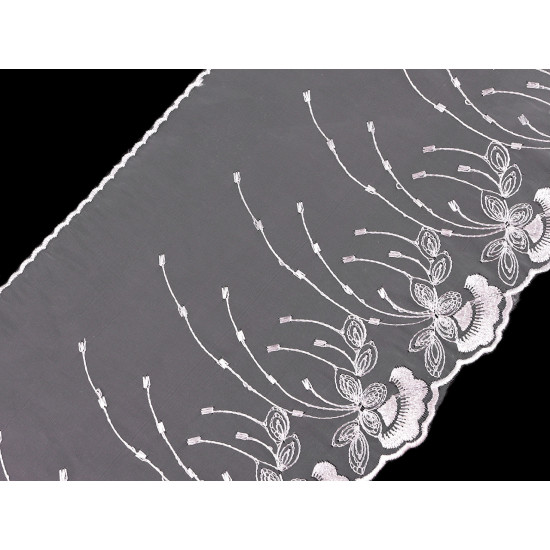 Dantela brodata pe organza latime 20 cm - Gri foarte deschis (1 Metru) Dantela brodata pe organza latime 20 cm - Gri foarte deschis (1 Metru)