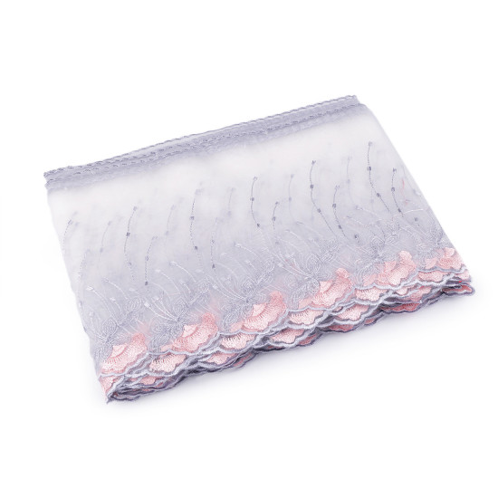 Dantela brodata pe organza latime 20 cm - Gri foarte deschis (1 Metru) Dantela brodata pe organza latime 20 cm - Gri foarte deschis (1 Metru)
