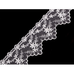 Dantela brodata pe organza, latime 65 mm - Alb (1 Metru)