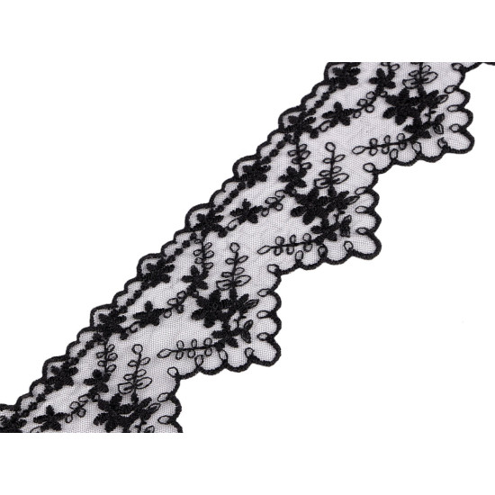 Dantela brodata pe organza, latime 65 mm - Negru (1 Metru) Dantela brodata pe organza, latime 65 mm - Negru (1 Metru)