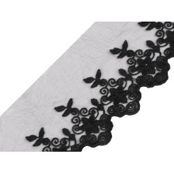 Dantela brodata pe organza, latime 90 mm - Negru (1 Metru)